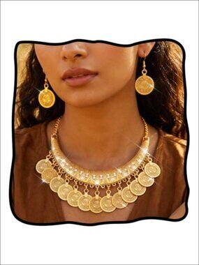 Gold Egyptian Coin Tassel Necklace Earrings Jewelry Set for Women